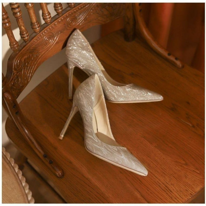 2024 Wedding Shoes French Style High Heels for s Sexy Thin Heels Bridal Shoes Bridesmaid Pointed Toe Sequin Single Shoes Silvery