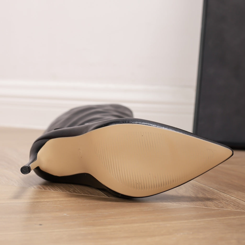 Glossy Black Stiletto Boots Stylish Women's Knee-High Glossy Black Pointed Toe Stiletto Boots