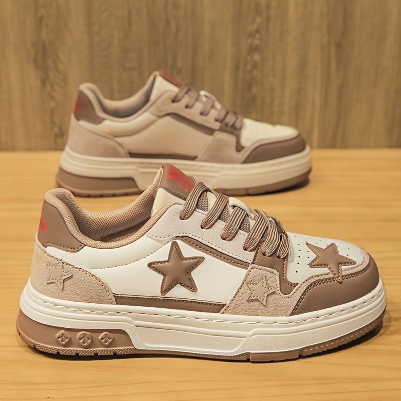 Men's Trendy Low-Top Skate Sneakers - White & Brown Star Design, Lace-Up, Rubber Sole