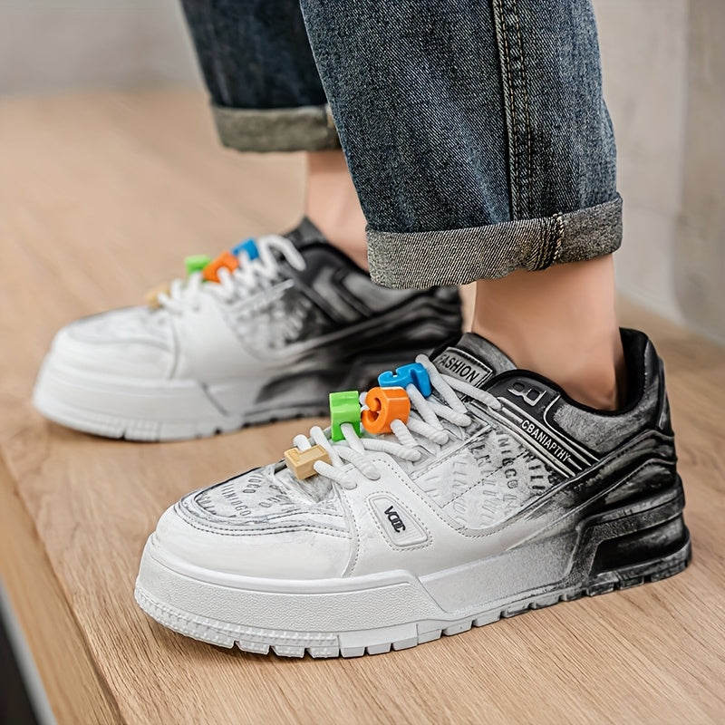 Men's Trendy Low-Top Skate Sneakers - White & Pink Casual Shoes with Playful Number Design