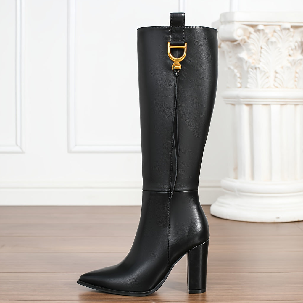 Women's Synthetic Cover Pointed Toe Winter Glossy Black High-Knee Boots with Chunky Heel & Zipper Closure - Glossy All-Black Design