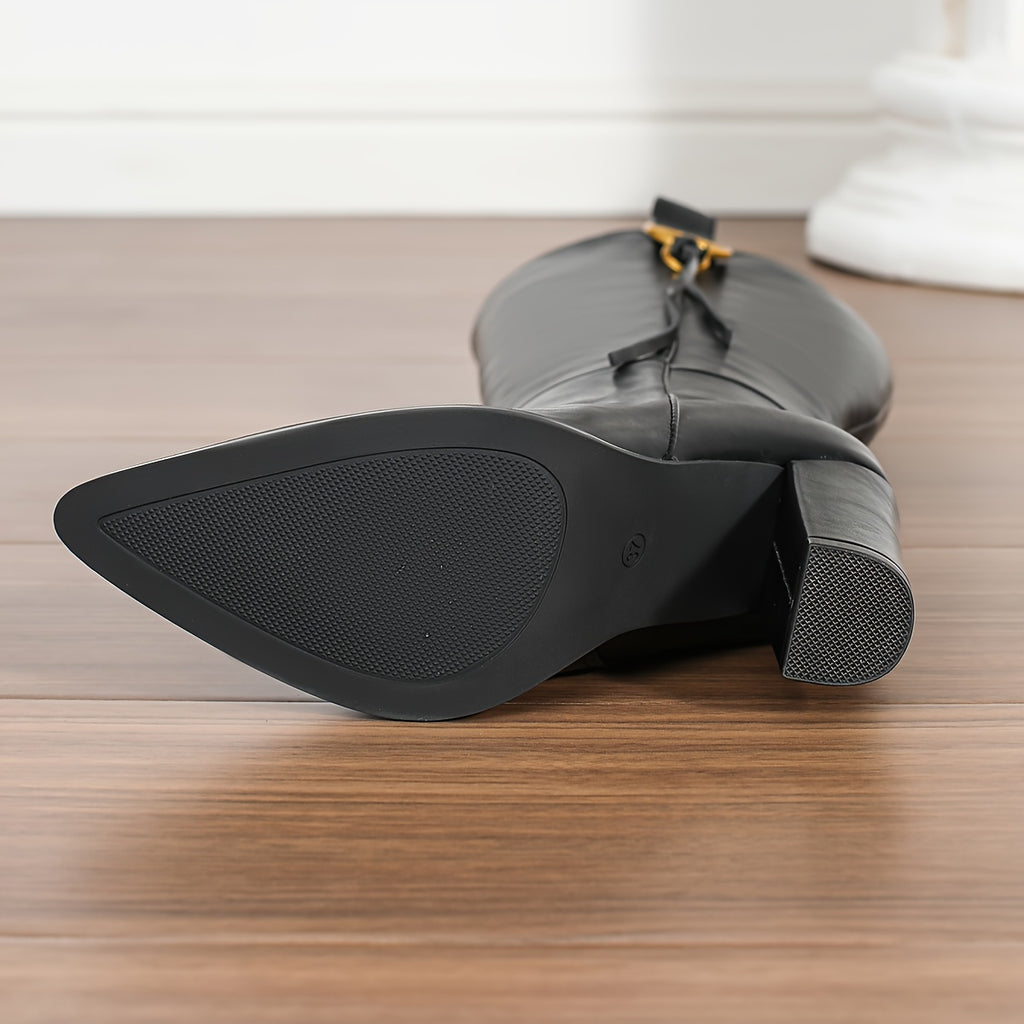 Women's Synthetic Cover Pointed Toe Winter Glossy Black High-Knee Boots with Chunky Heel & Zipper Closure - Glossy All-Black Design