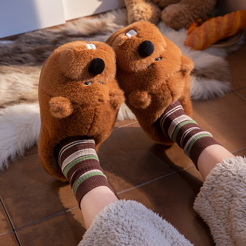 ECAC Cozy Fleece Slippers - Cute Cartoon Bear Design, Soft & Warm Indoor Shoes for Men & Women