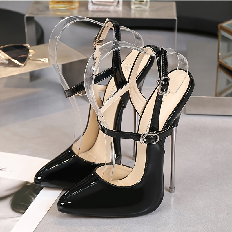 Women'S Elegant Pointed Toe Stiletto Heels - Glossy Black Faux Cover Shoes with Double Buckle Strap