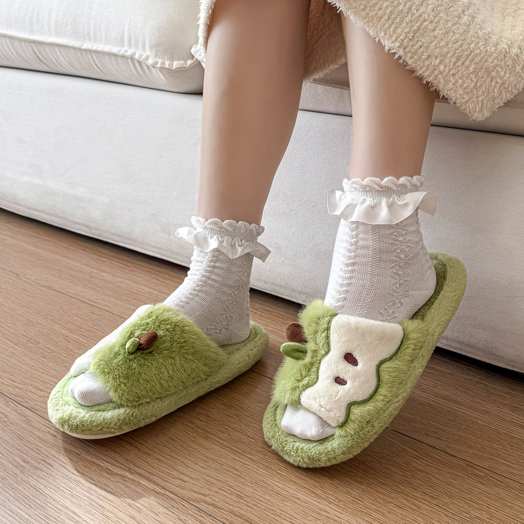 Women's Plush Slip-On Slippers with Cute Bear & Heart Face - Soft Fabric Upper & PVC Sole