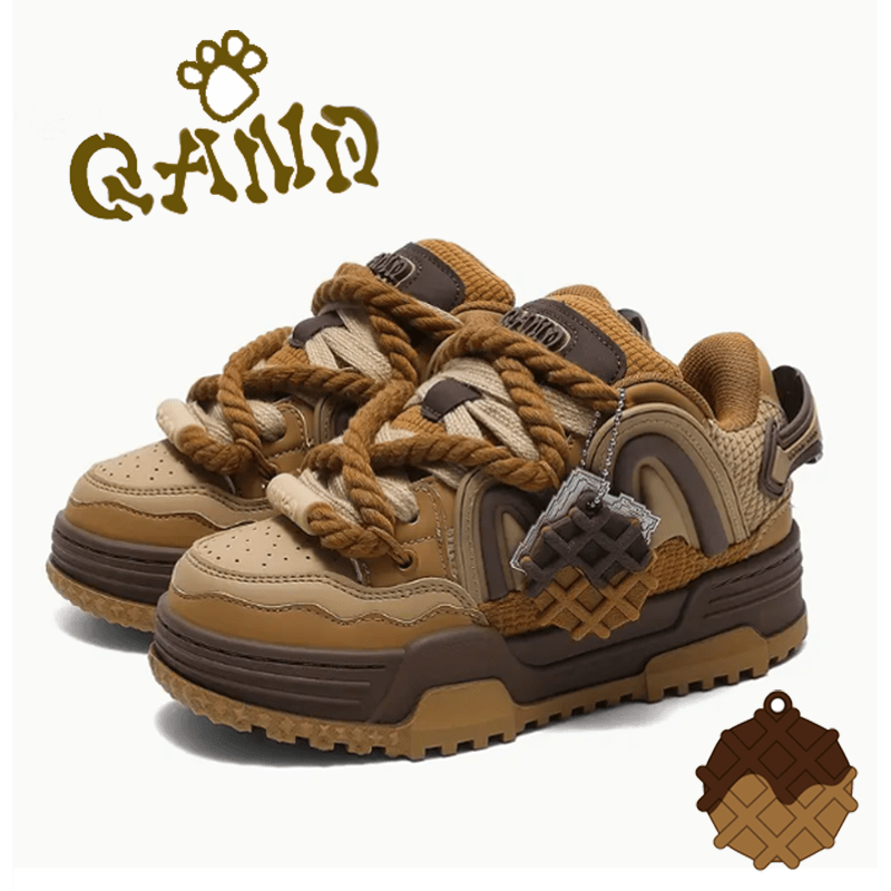 Caramel Brown & Pudding Yellow Women's Unisex Skate Shoes - Thick EVA Sole Height-Increasing Low-Top Sneakers with Waffle Texture