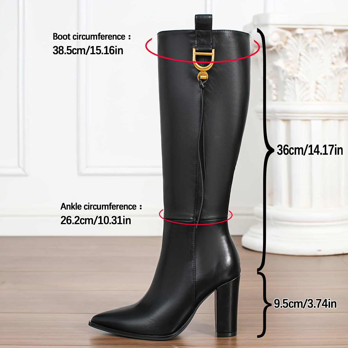 Women's Synthetic Cover Pointed Toe Winter Glossy Black High-Knee Boots with Chunky Heel & Zipper Closure - Glossy All-Black Design