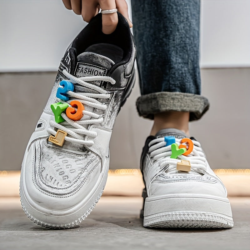 Men's Trendy Low-Top Skate Sneakers - White & Pink Casual Shoes with Playful Number Design