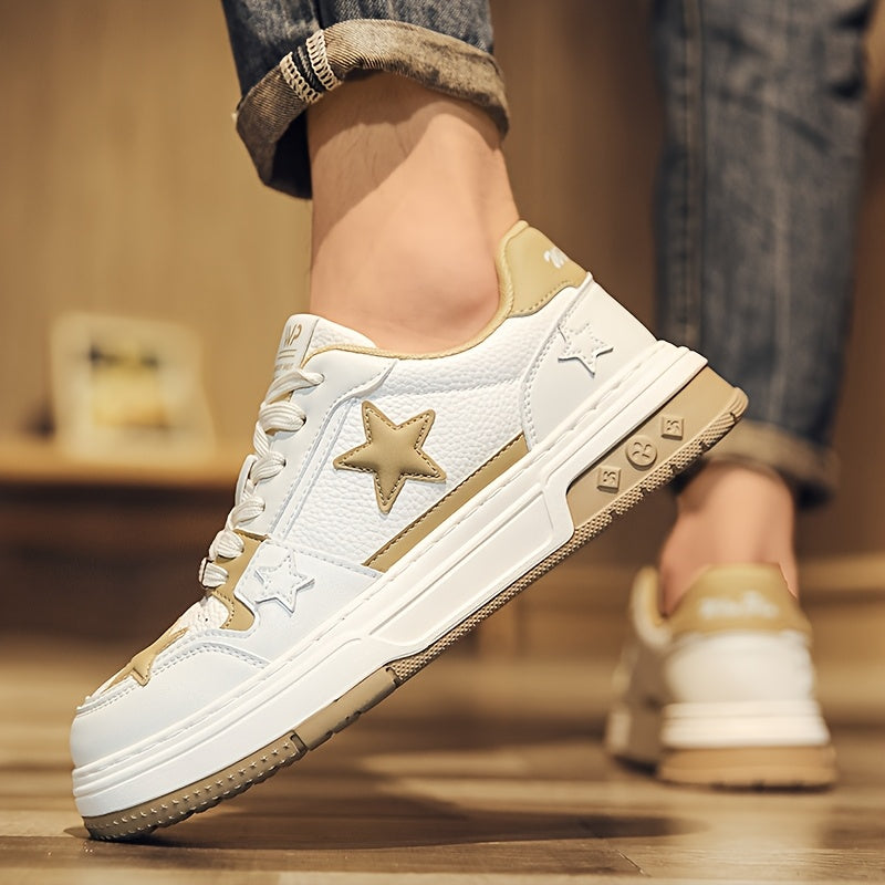 Men's Trendy Low-Top Skate Sneakers - White & Brown Star Design, Lace-Up, Rubber Sole