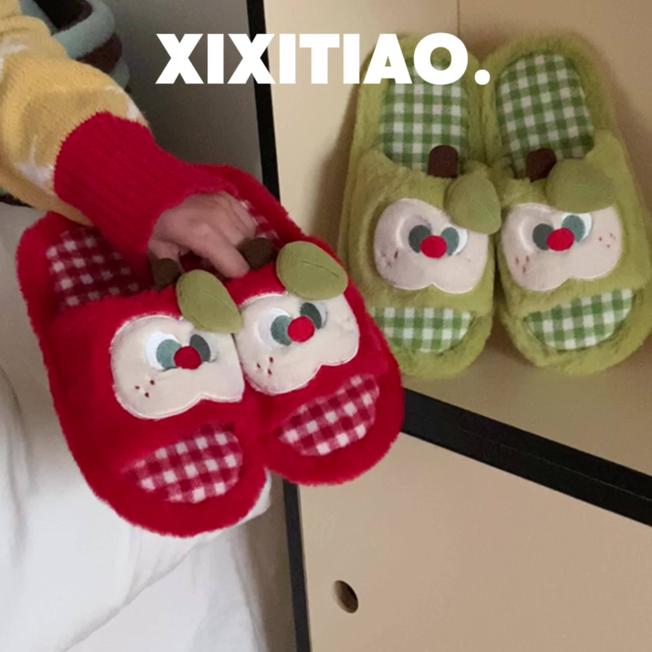 XIXITIAO Women's Plaid Apple Slippers - Korean\u002F Style Cute Green Gingham & Red Checkered House with Sole
