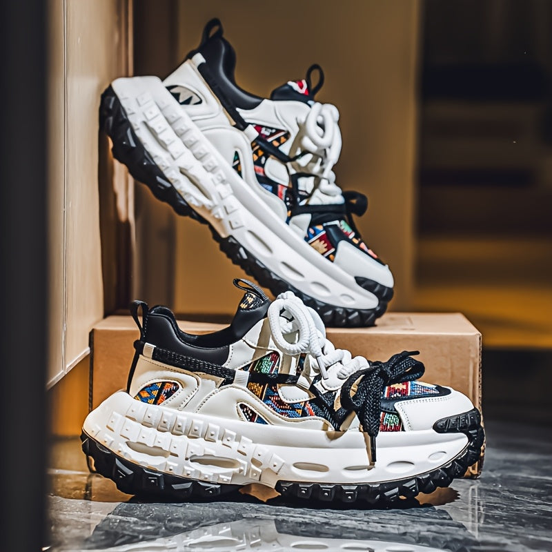 Men'S All-Season Fashion Sneakers - Trendy Thick Sole, Durable, Lace-Up Casual Shoes with Stylish Argyle Pattern