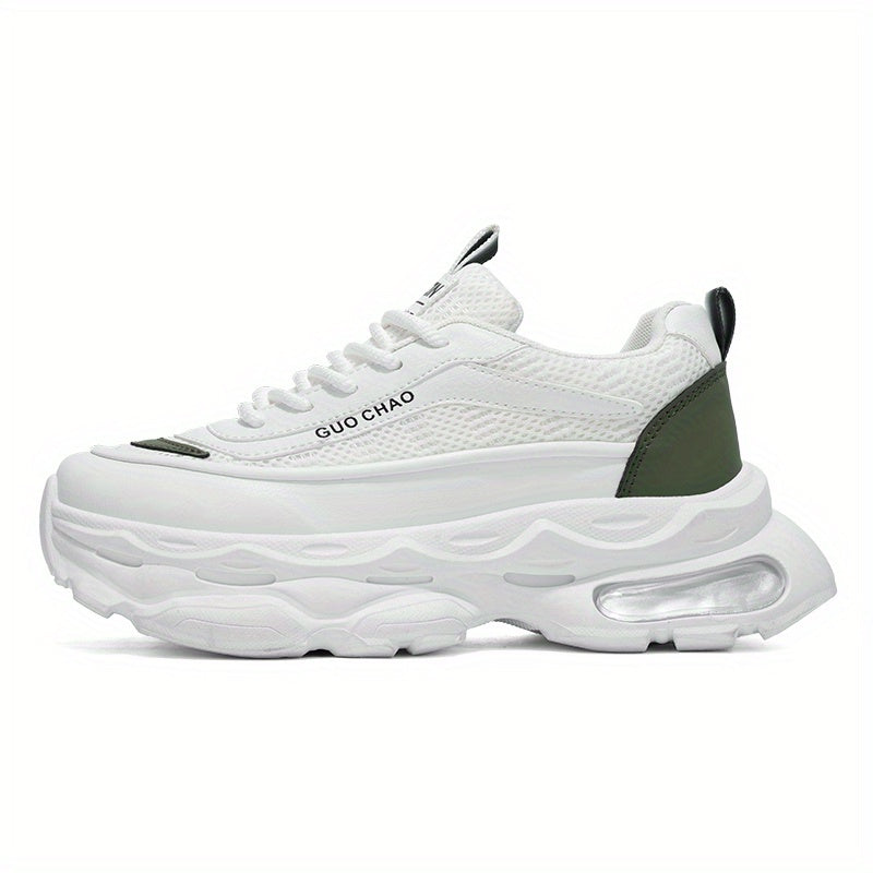 Men's Sneakers - White\u002FGreen Accents, Breathable Running Shoes with Thick Cushioned Sole