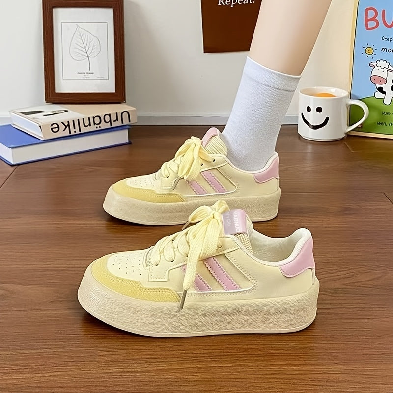 Women'S White Low-Top Sneakers with Pink Accents - Casual & Sporty Platform Shoes, Synthetic Cover Upper