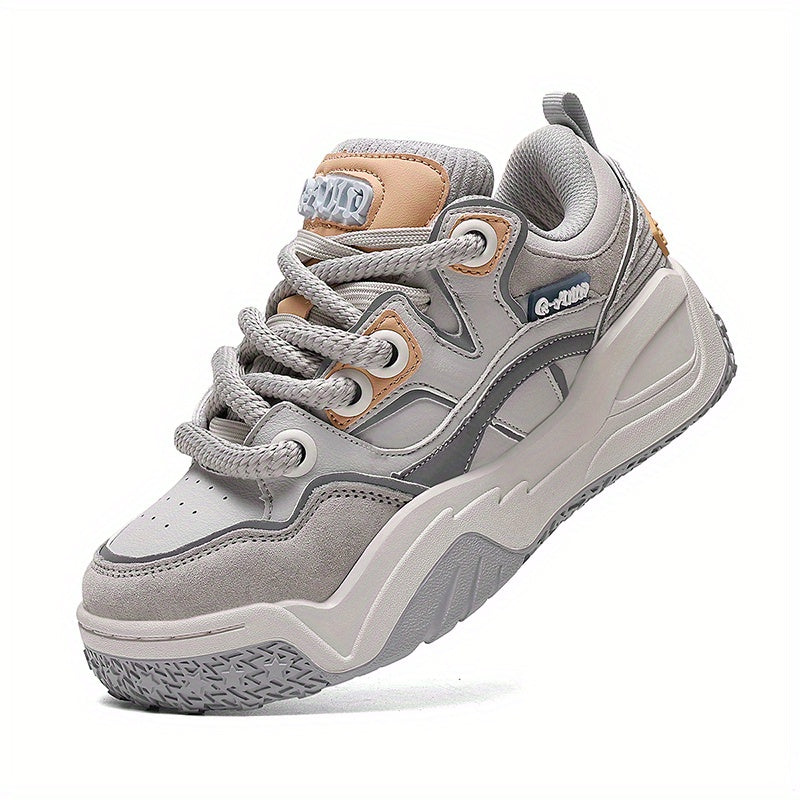 Men'S & Women'S Low-Top Skate Sneakers - Grey & Beige Colorway with Brown Accent - Breathable Fabric & Synthetic Upper