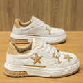 Men's Trendy Low-Top Skate Sneakers - White & Brown Star Design, Lace-Up, Rubber Sole