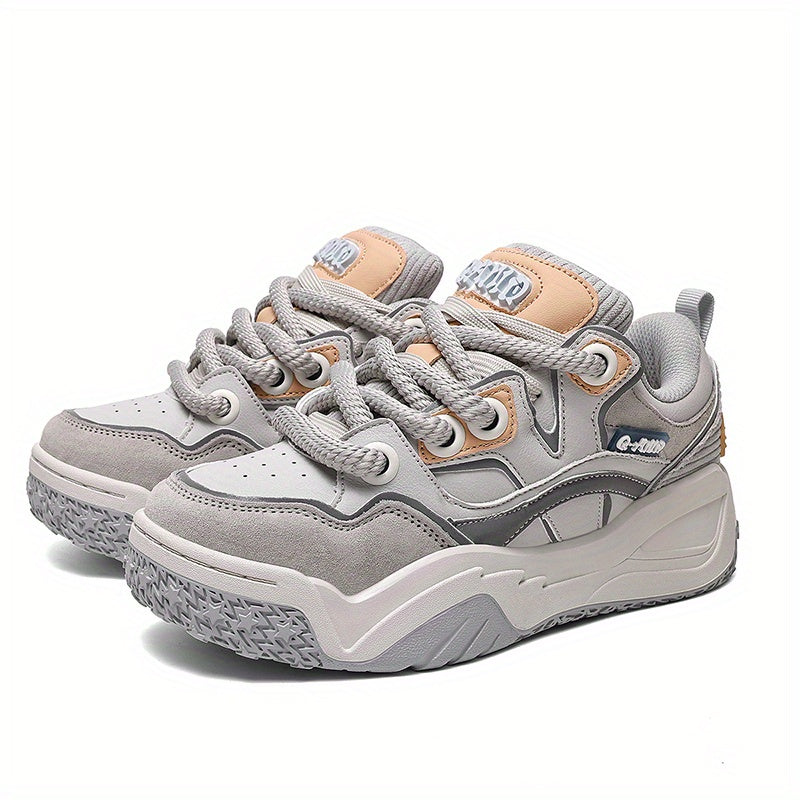 Men'S & Women'S Low-Top Skate Sneakers - Grey & Beige Colorway with Brown Accent - Breathable Fabric & Synthetic Upper