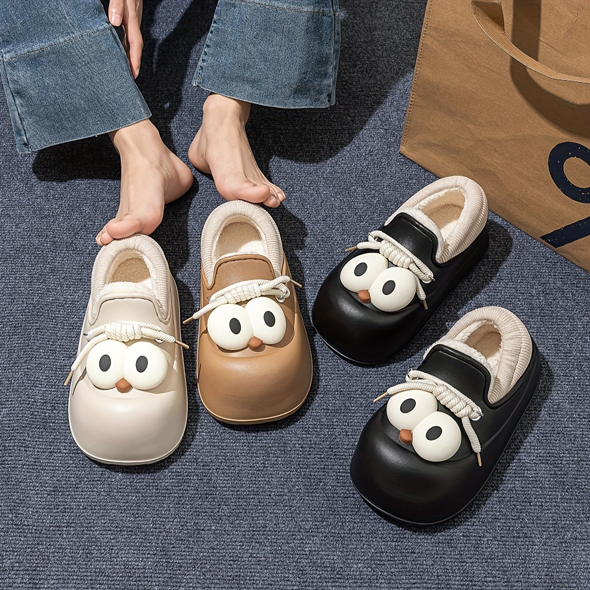Women's Slip-On Shoes - Cute Owl-like Eyes - Beige\u002FBrown\u002FBlack Color Options