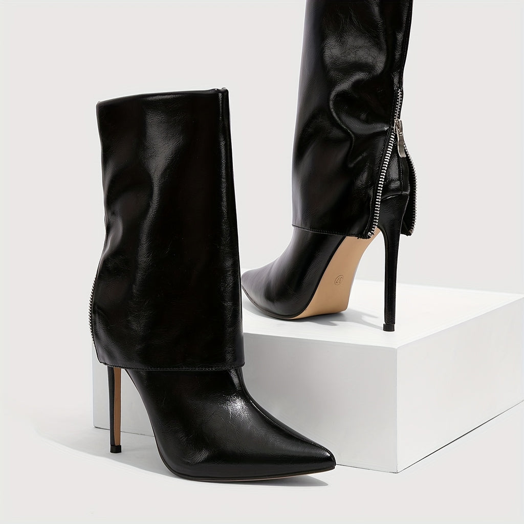 Women's Elegant Black Pointed-Toe Stiletto High Heel Ankle Boots with Back Zipper - Glossy Synthetic Cover