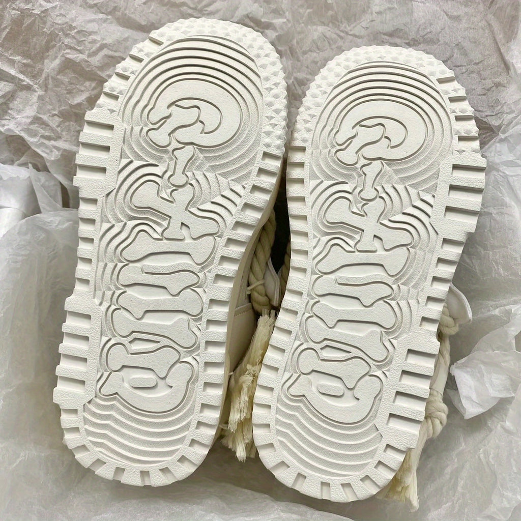 Unisex Retro Skate Shoes - Non-Slip Thick Sole, Lace-Up Closure, Beige\u002FWhite\u002FBlack