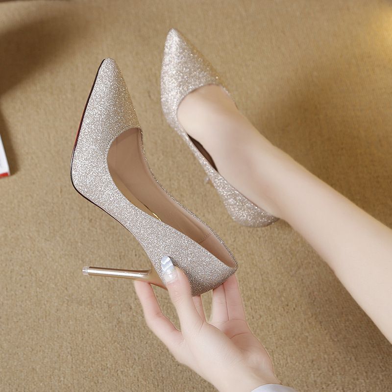 2024 Wedding Shoes French Style High Heels for s Sexy Thin Heels Bridal Shoes Bridesmaid Pointed Toe Sequin Single Shoes Silvery