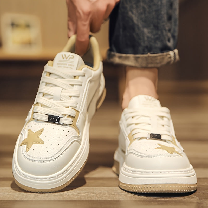 Men's Trendy Low-Top Skate Sneakers - White & Brown Star Design, Lace-Up, Rubber Sole