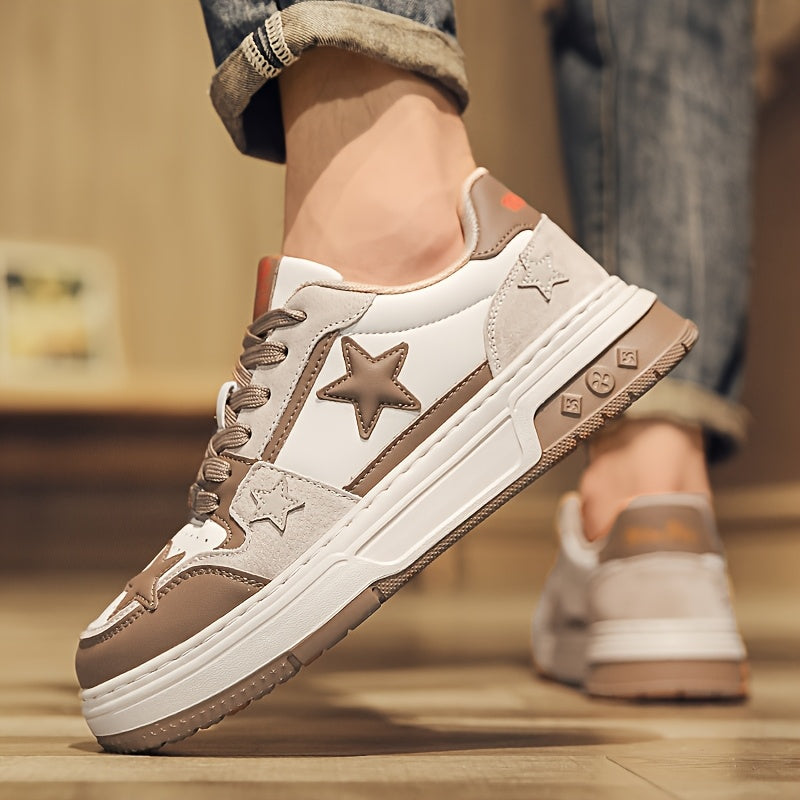 Men's Trendy Low-Top Skate Sneakers - White & Brown Star Design, Lace-Up, Rubber Sole