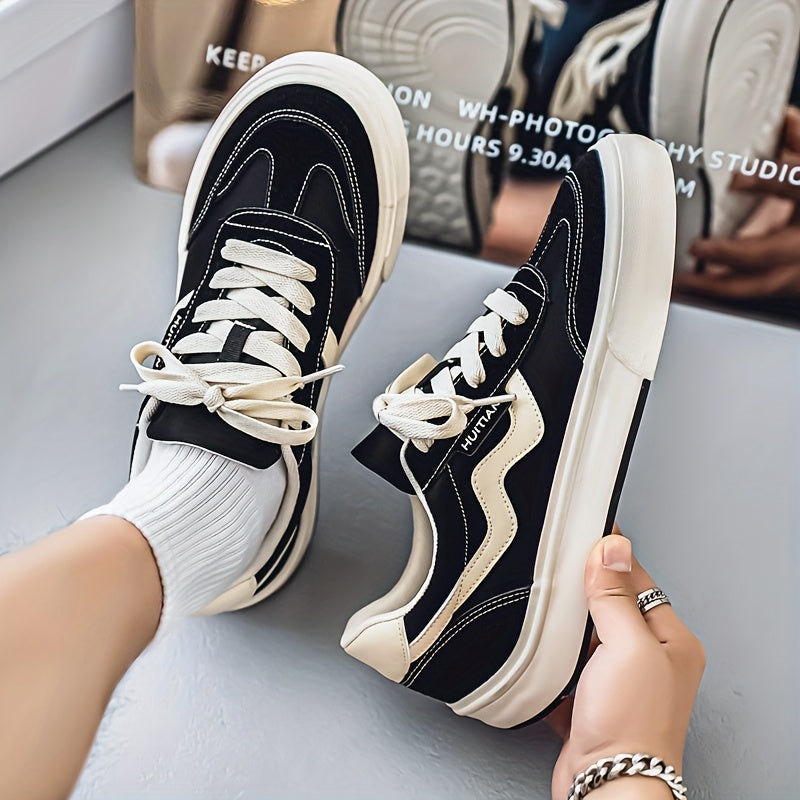 Men'S Casual Skate Shoes - Low-Top Lace-Up Sneakers with Beige & Black Colorway, EVA Sole, and \