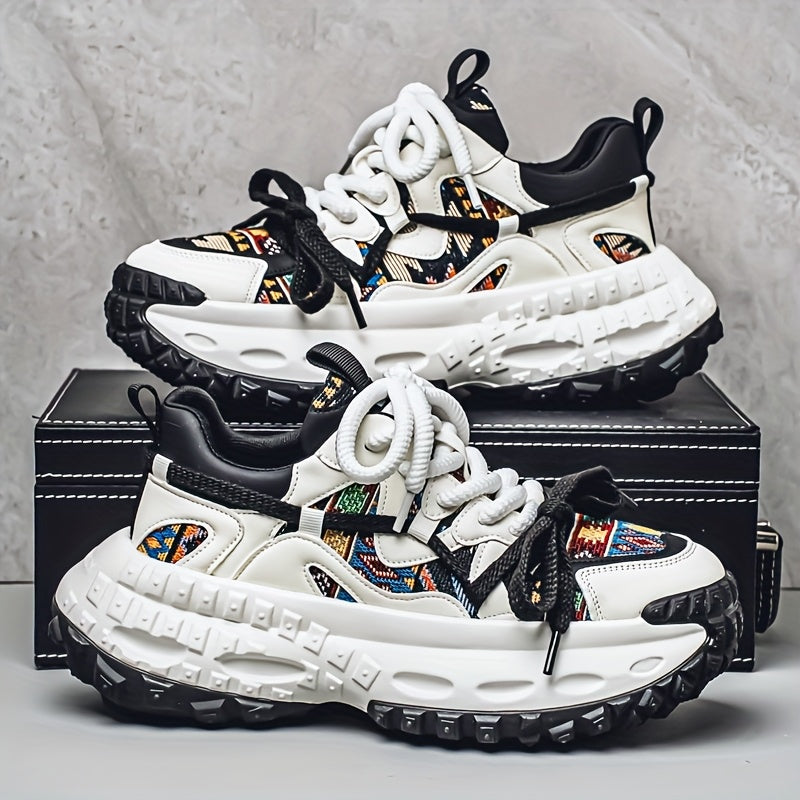 Men'S All-Season Fashion Sneakers - Trendy Thick Sole, Durable, Lace-Up Casual Shoes with Stylish Argyle Pattern