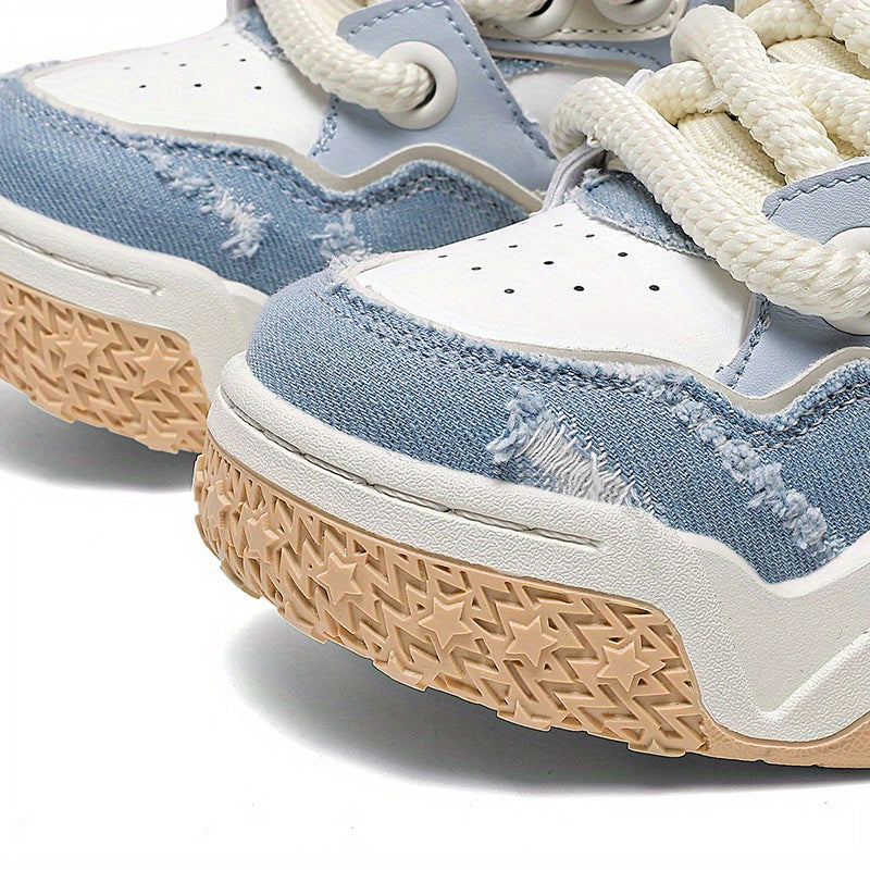 Men'S & Women'S Low-Top Skate Sneakers - Light Blue & White Breathable Fabric\u002FSynthetic Upper