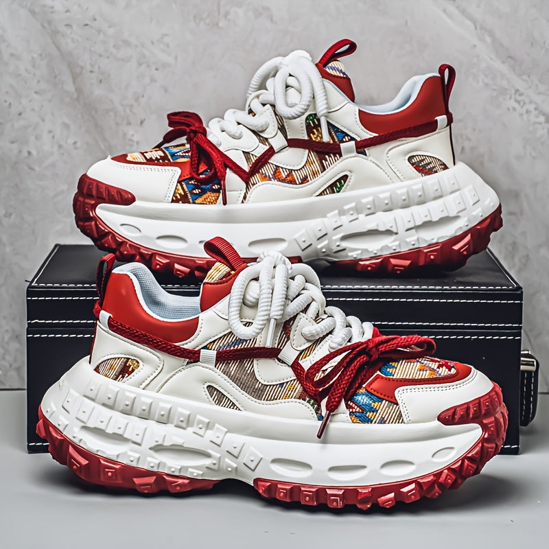 Men'S All-Season Fashion Sneakers - Trendy Thick Sole, Durable, Lace-Up Casual Shoes with Stylish Argyle Pattern