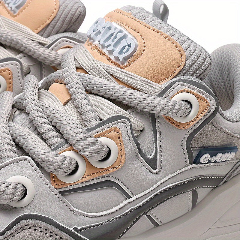 Men'S & Women'S Low-Top Skate Sneakers - Grey & Beige Colorway with Brown Accent - Breathable Fabric & Synthetic Upper