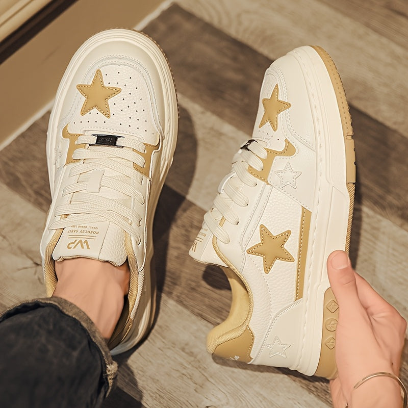 Men's Trendy Low-Top Skate Sneakers - White & Brown Star Design, Lace-Up, Rubber Sole