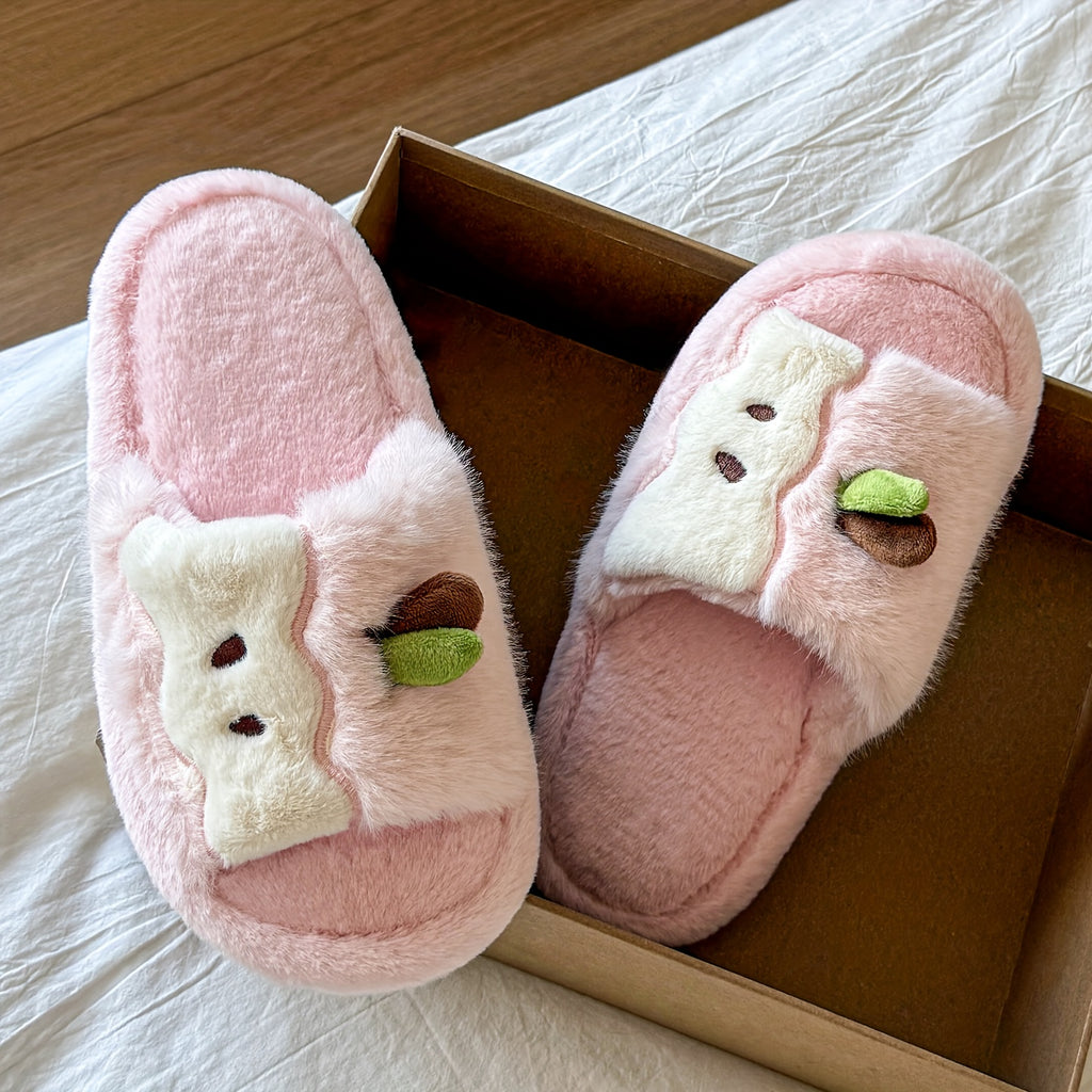 Women's Plush Slip-On Slippers with Cute Bear & Heart Face - Soft Fabric Upper & PVC Sole