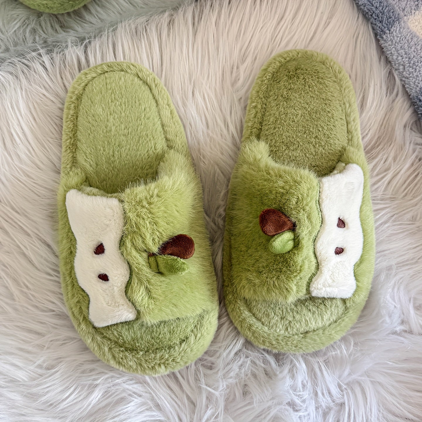 Women's Plush Slip-On Slippers with Cute Bear & Heart Face - Soft Fabric Upper & PVC Sole