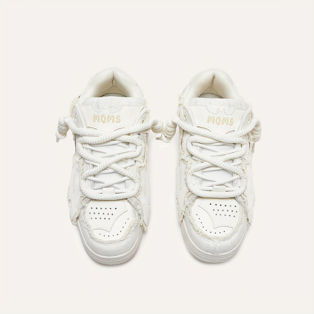 MQMS White Knight Low-Top Sneakers - Unisex Streetwear Slip-Resistant Rubber Sole