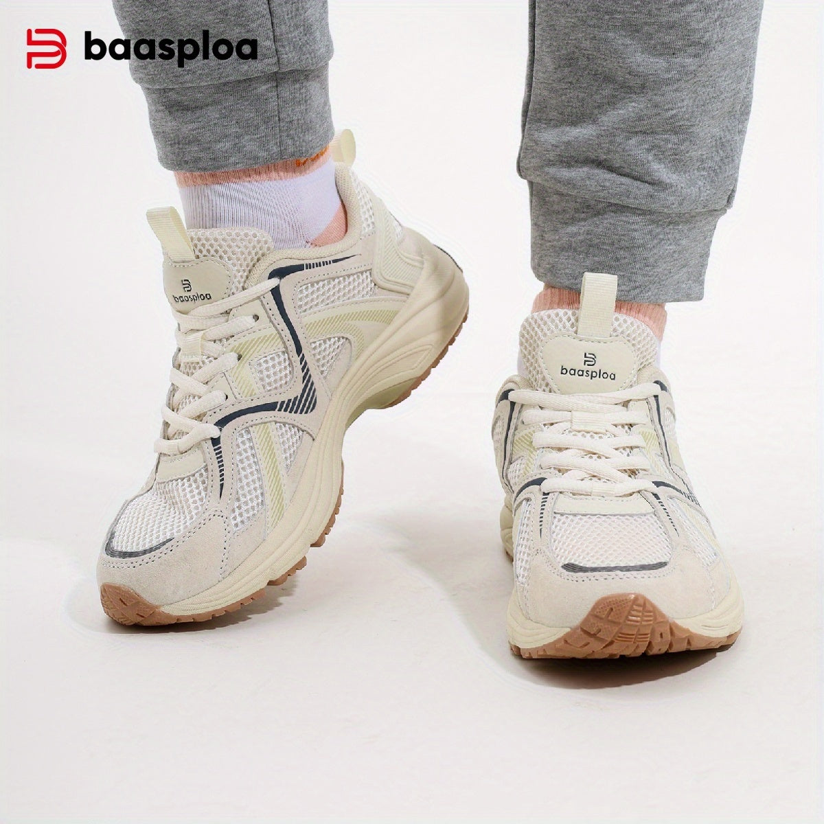 BAASPLOA Women's White\u002FGrey\u002FGreen Lightweight Breathable Running Shoes