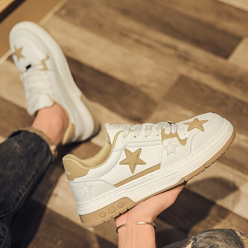 Men's Trendy Low-Top Skate Sneakers - White & Brown Star Design, Lace-Up, Rubber Sole