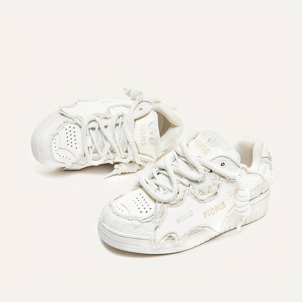 MQMS White Knight Low-Top Sneakers - Unisex Streetwear Slip-Resistant Rubber Sole