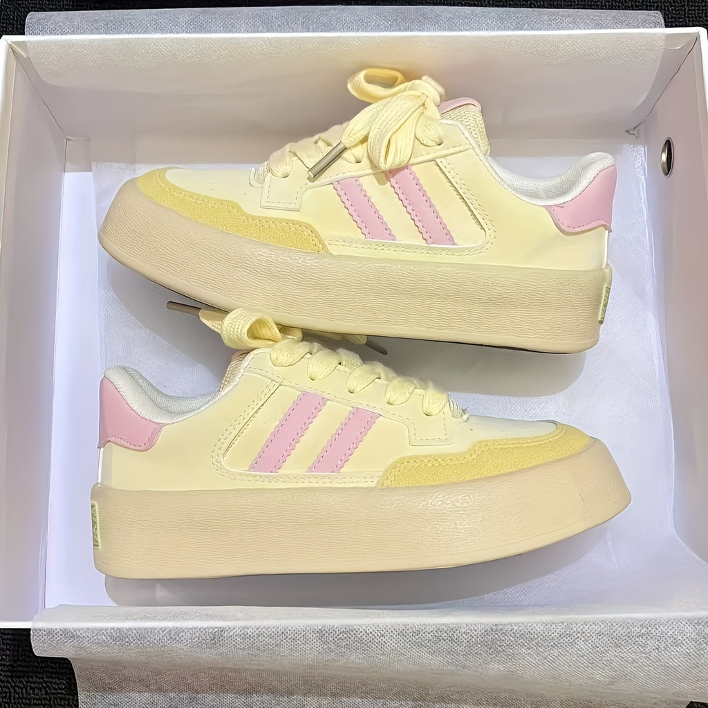 Women'S White Low-Top Sneakers with Pink Accents - Casual & Sporty Platform Shoes, Synthetic Cover Upper