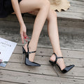 Women'S Elegant Pointed Toe Stiletto Heels - Glossy Black Faux Cover Shoes with Double Buckle Strap