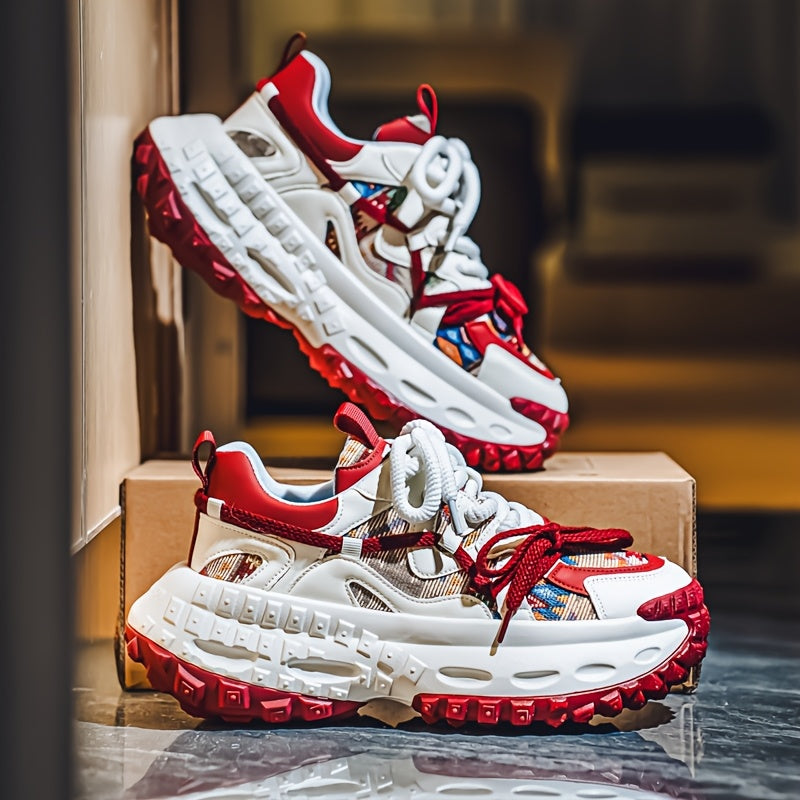 Men'S All-Season Fashion Sneakers - Trendy Thick Sole, Durable, Lace-Up Casual Shoes with Stylish Argyle Pattern