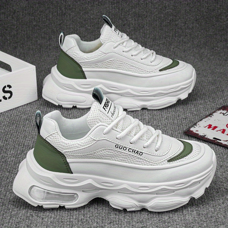 Men's Sneakers - White\u002FGreen Accents, Breathable Running Shoes with Thick Cushioned Sole
