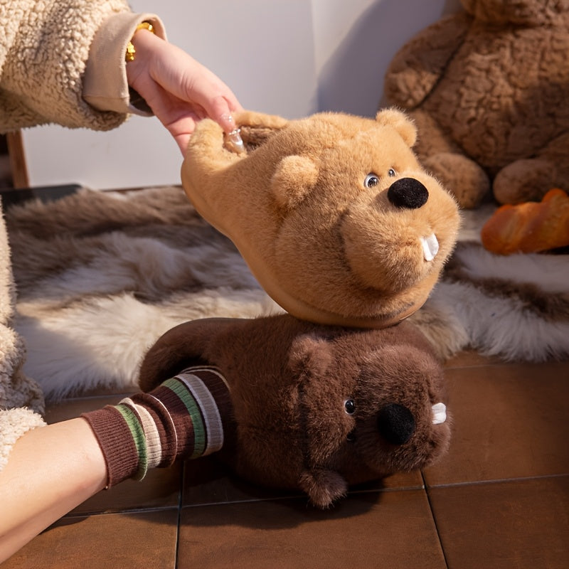 ECAC Cozy Fleece Slippers - Cute Cartoon Bear Design, Soft & Warm Indoor Shoes for Men & Women