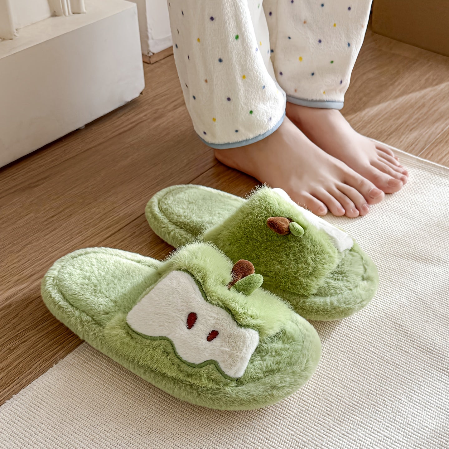 Women's Plush Slip-On Slippers with Cute Bear & Heart Face - Soft Fabric Upper & PVC Sole