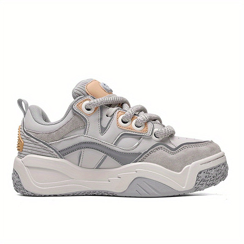 Men'S & Women'S Low-Top Skate Sneakers - Grey & Beige Colorway with Brown Accent - Breathable Fabric & Synthetic Upper
