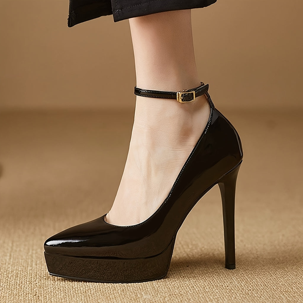Women's Glossy Black Faux Cover Pointed-Toe Pumps - Ultra-High Block Heel Comfortable & Versatile for Casual to Formal Events