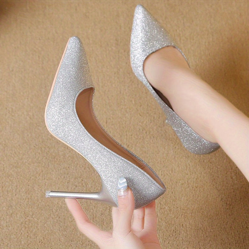 2024 Wedding Shoes French Style High Heels for s Sexy Thin Heels Bridal Shoes Bridesmaid Pointed Toe Sequin Single Shoes Silvery