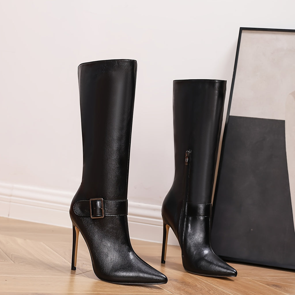 Glossy Black Stiletto Boots Stylish Women's Knee-High Glossy Black Pointed Toe Stiletto Boots