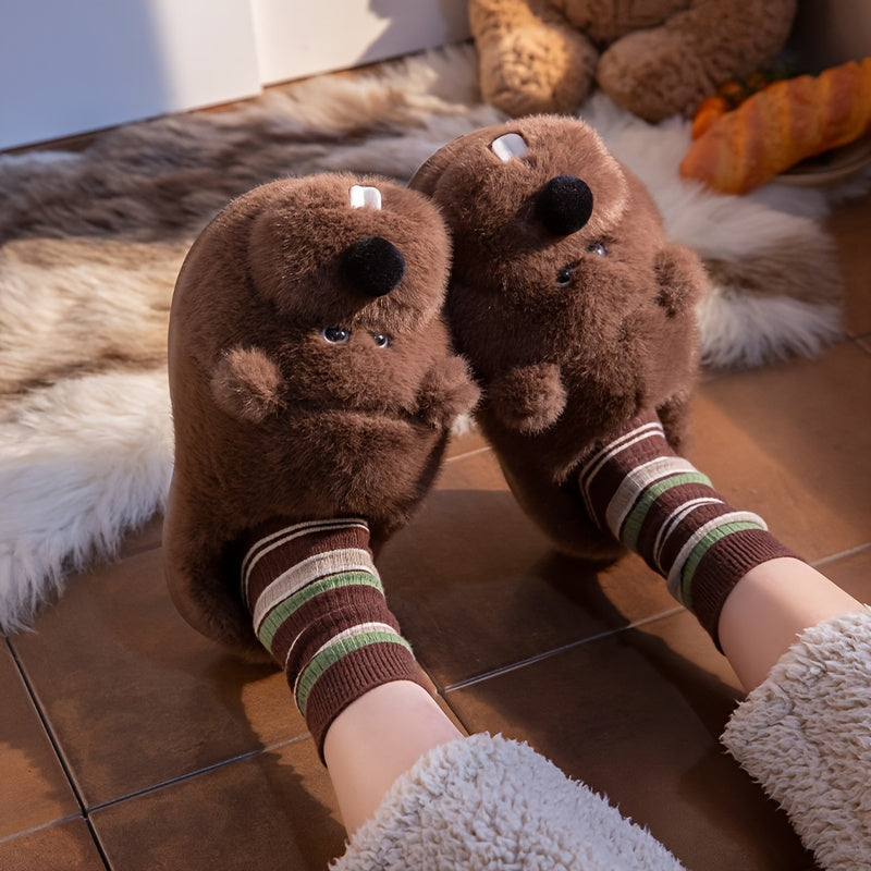 ECAC Cozy Fleece Slippers - Cute Cartoon Bear Design, Soft & Warm Indoor Shoes for Men & Women