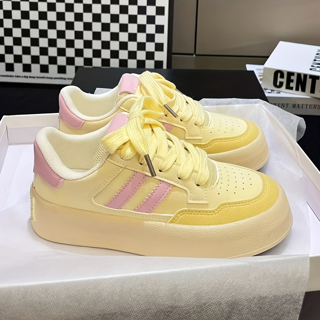 Women'S White Low-Top Sneakers with Pink Accents - Casual & Sporty Platform Shoes, Synthetic Cover Upper